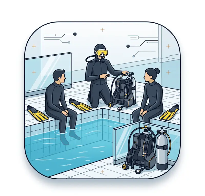 Instructor briefing two students at the poolside with their gear