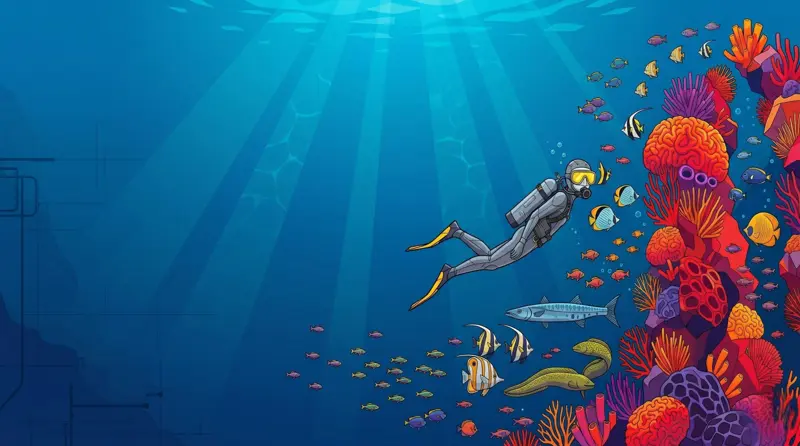 Scuba diver next to colourful corals